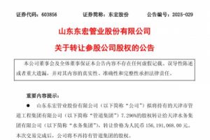 东宏股份：拟1.56亿元转让管道集团7.296%股权给天津水务集团