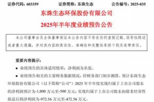东珠生态：2025年上半年净利润预计亏损500万元-1000万元