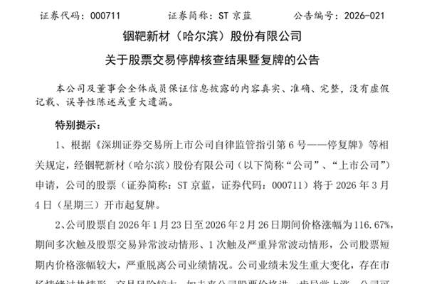 ST京蓝停牌核查结果公布 3月4日起复牌